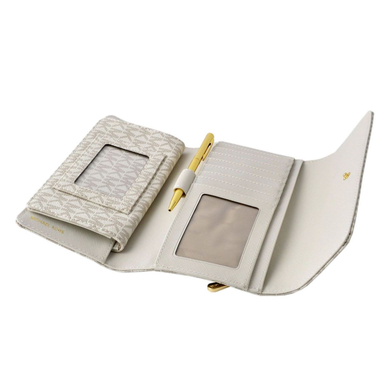 マイケルコース MICHAEL KORS 32S7GJSE4B Vanilla 小切手ケース＆ミニボールペン付 MKシグネチャー柄 三つ折り長財布 JET SET ITEM