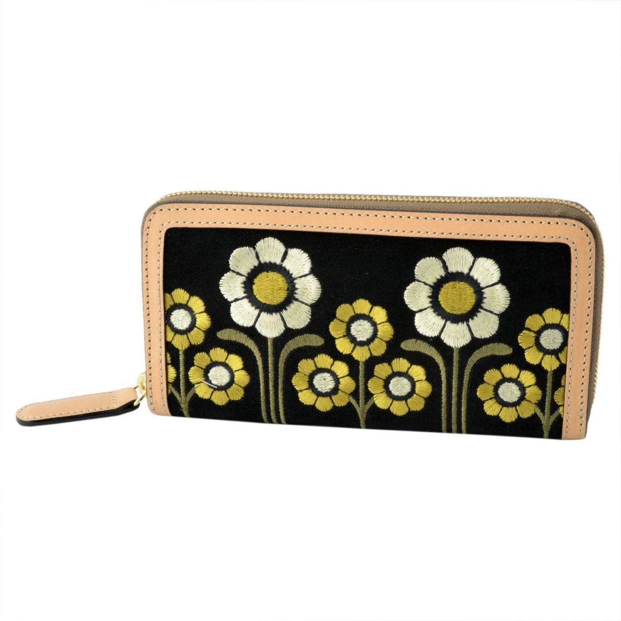 オーラカイリー Orla Kiely 17SBSEM122 Black フラワー刺繍 ラウンドファスナー長財布 SUEDE EMBROIDERY Big Zip Wallet
