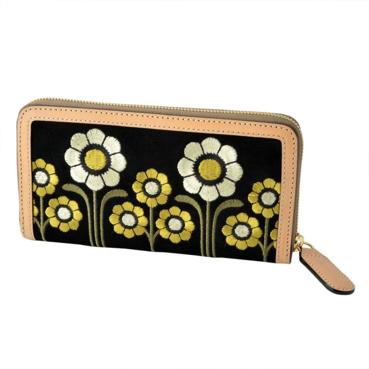 オーラカイリー Orla Kiely 17SBSEM122 Black フラワー刺繍 ラウンドファスナー長財布 SUEDE EMBROIDERY Big Zip Wallet
