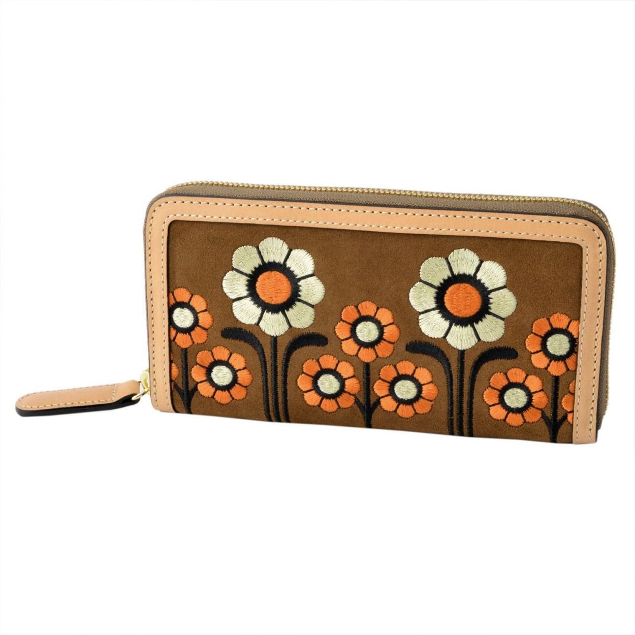 オーラカイリー Orla Kiely 17SBSEM122 Coffee フラワー刺繍 ラウンドファスナー長財布 SUEDE EMBROIDERY Big Zip Wallet