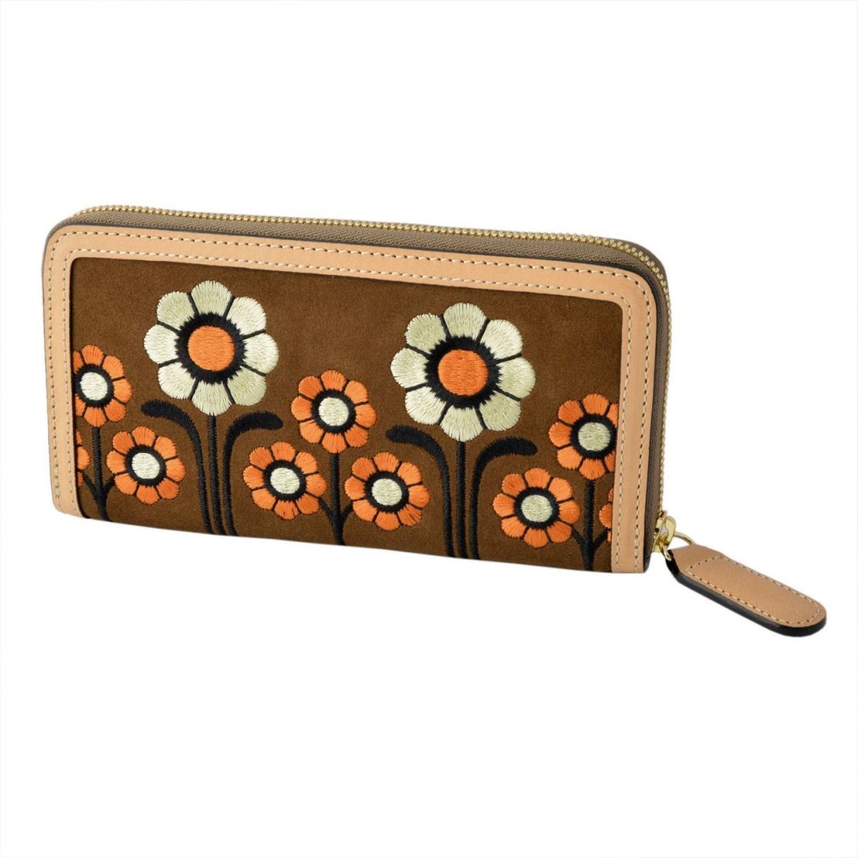 オーラカイリー Orla Kiely 17SBSEM122 Coffee フラワー刺繍 ラウンドファスナー長財布 SUEDE EMBROIDERY Big Zip Wallet