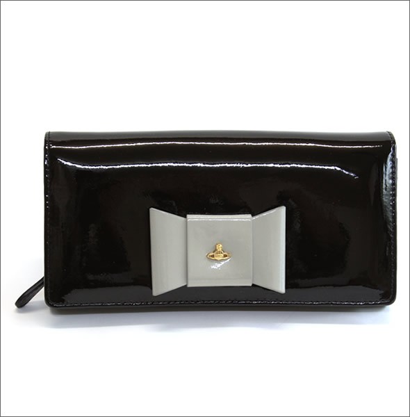 ヴィヴィアン ウエストウッド  リボンモチーフ パテントレザー パスケース付 二つ折り長財布 FIOCCO 1032V30V 100 NERO