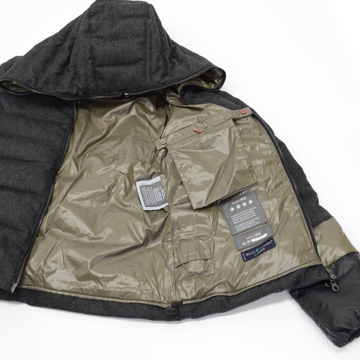デュベティカ 152-D.4240.00/1172 FIMBRETHIL 190900 TORBA ME  ≪2015AW≫フィンブレーシル レディス カシミア混ウール×ナイロン 切り替え袖  フード付 フルジップ ショート丈 ダウンジャケット グースダウン