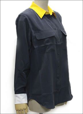 エキプモン ≪2013AW≫Slim Signature Colorblock Wポケット シルクブラウス とろみシャツ カラーブロック ネイビー/イエロー/ブライトホワイト Q23-E231E Peac-Dadel-Bri Wht