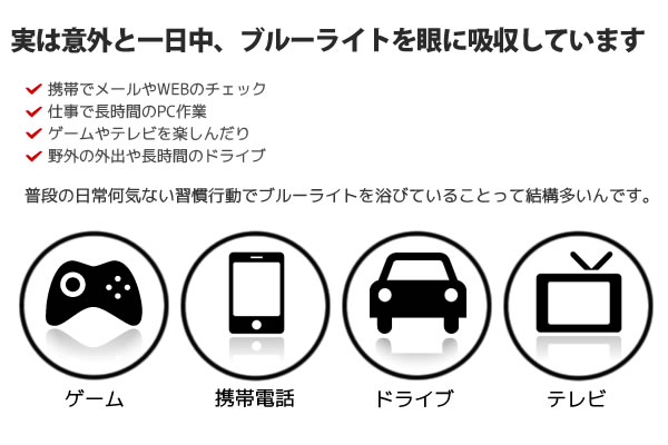 実は意外と一日中、ブルーライトを眼に吸収しています。■携帯でメールやWEBのチェック■仕事で長時間のPC作業■ゲームやテレビを楽しんだり■野外の外出や長時間のドライブ