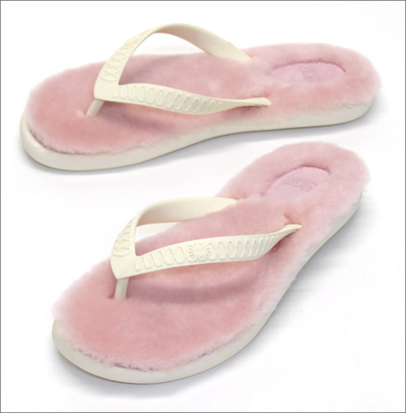 アグ オーストラリア Fluffie フラッフィー  レディス シープスキン ムートン ビーチサンダル ルームスリッパ  ホワイト/ピンク ≪2014SS≫ 1684-WHT