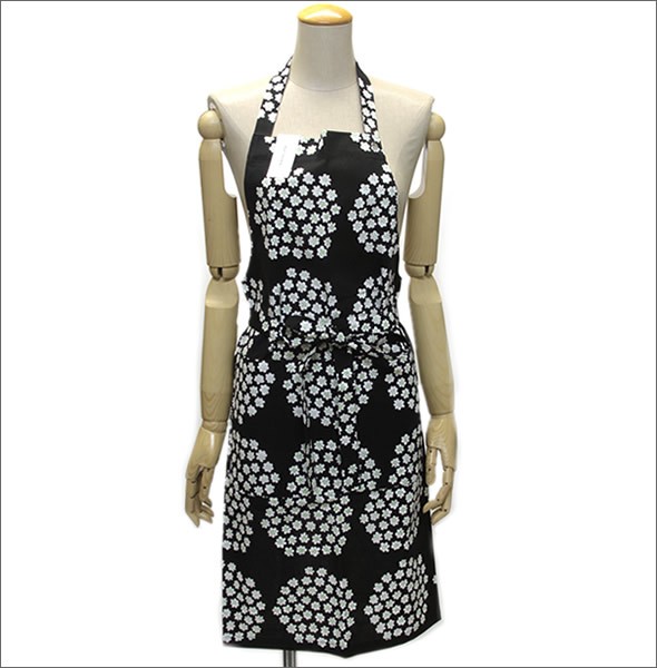 マリメッコ PUKETTI APRON 067169 961 black/green/white プケッティ ブーケモチーフ エプロン
