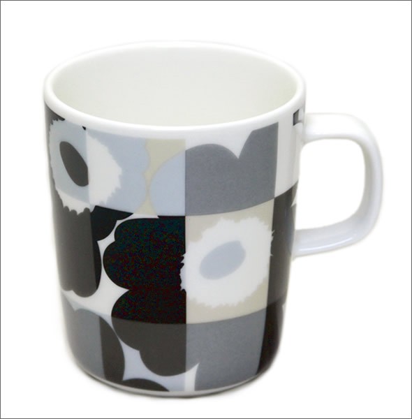 マリメッコ 067304 990 black/grey RUUTU-UNIKKO MUG　 ウニッコ柄×チェック マグカップ 250ml