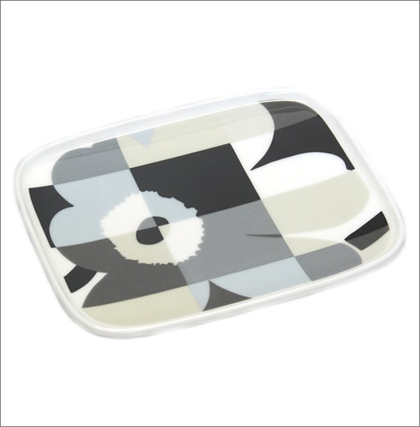 マリメッコ 067305 990 black/grey RUUTU-UNIKKO PLATE ウニッコ柄×チェック スクエアプレート 皿 12X15cm