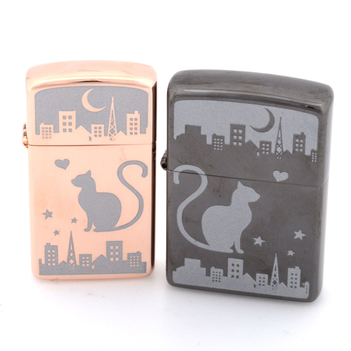 ジッポー Zippo ZP001 【white clover×Zippo】 ペアZippo ライターセット 「ネコと月」 ２つ合わせると、ひとつの絵柄が現れるシェアデザインが魅力的♪