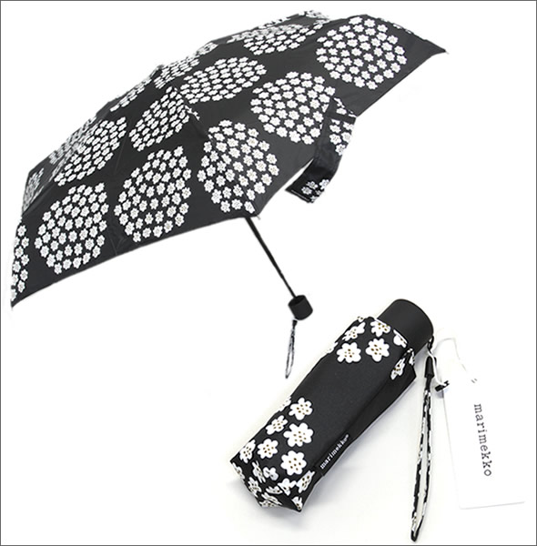 マリメッコ PUKETTI MINI MANUAL UMBRELLA プケッティ ブーケモチーフ ミニマニュアル コンパクト 折りたたみ傘 アンブレラ  038656 916 black/white/olive