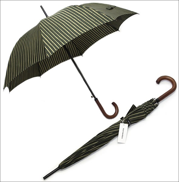マリメッコ PICCOLO STICK UMBRELLA 040502 544 dark green/olive ピッコロストライプ ワンタッチ スティック傘 長傘 アンブレラ