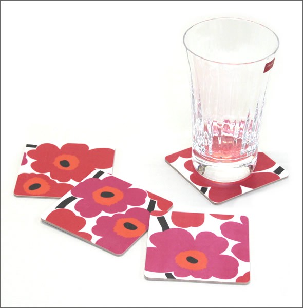 マリメッコ  UNIKKO PLYWOOD COASTERS 4PCS ウニッコ柄 コースター 4枚セット 065080 001 white/red/fuchsia