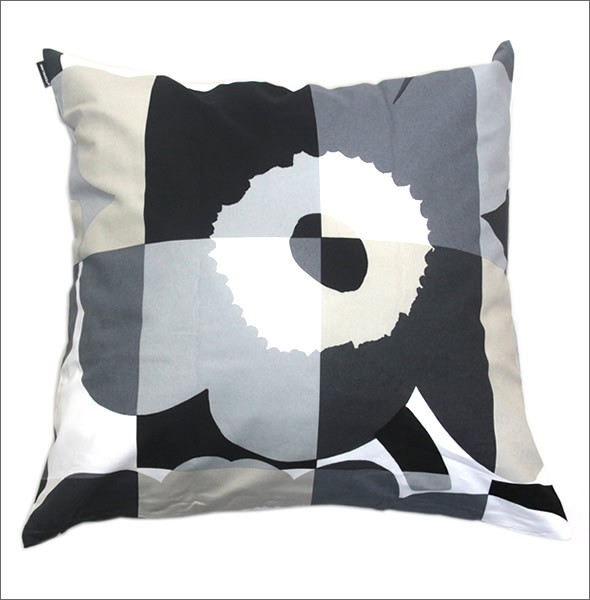 マリメッコ 067303 990 black/grey RUUTU-UNIKKO CUSHION COVER ウニッコ柄×チェック クッションカバー 50X50cm