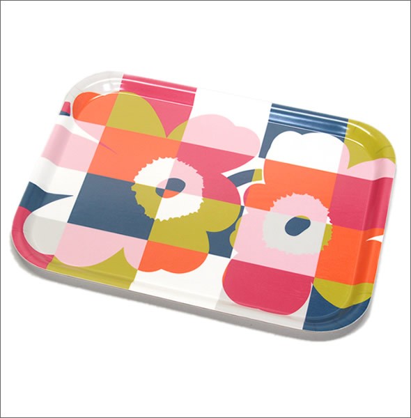 マリメッコ 067306 536 blue/red/lime RUUTU-UNIKKO PLYWOOD TRAY  ウニッコ柄×チェック トレイ キッチントレー 20cm×27cm