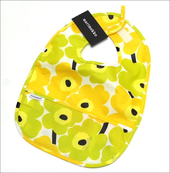 マリメッコ  MINI-UNIKKO Bib ウニッコ柄 オイルクロス ベビー用スタイ ポケット付 よだれかけ ホワイト×イエロー 064770 020 white/lime
