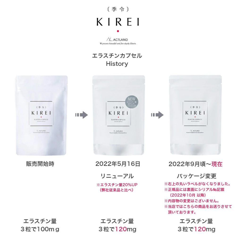 リニューアル エラスチン量20％UP♪】季令（KIREI） エラスチンカプセル 100粒 高純度エラスチン 100％天然由来 スキンケア キレイ  ACTLAND : 714501 : Liberta Create Yahoo!店 - 通販 - Yahoo!ショッピング