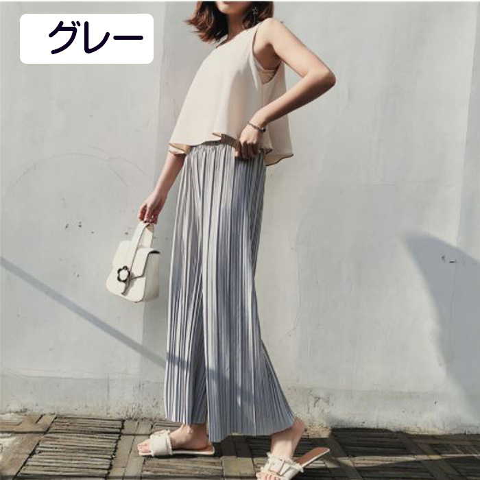 正規 ワイドパンツルック ゆったり プリーツパンツ ガウチョパンツ パンツ