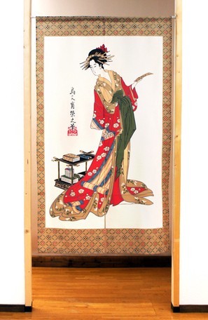 別注依頼暖簾仮写真幅約180cm（90x2）長さ約80cmと60cm 焦茶色木簾 メール便送料無料 浮世絵のれん150 和風歌舞伎ロング暖簾 目隠し
