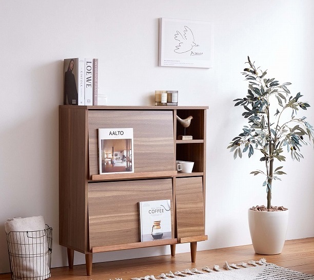 フラップ扉キャビネット 見せる収納 棚付き 北欧 リビングボード