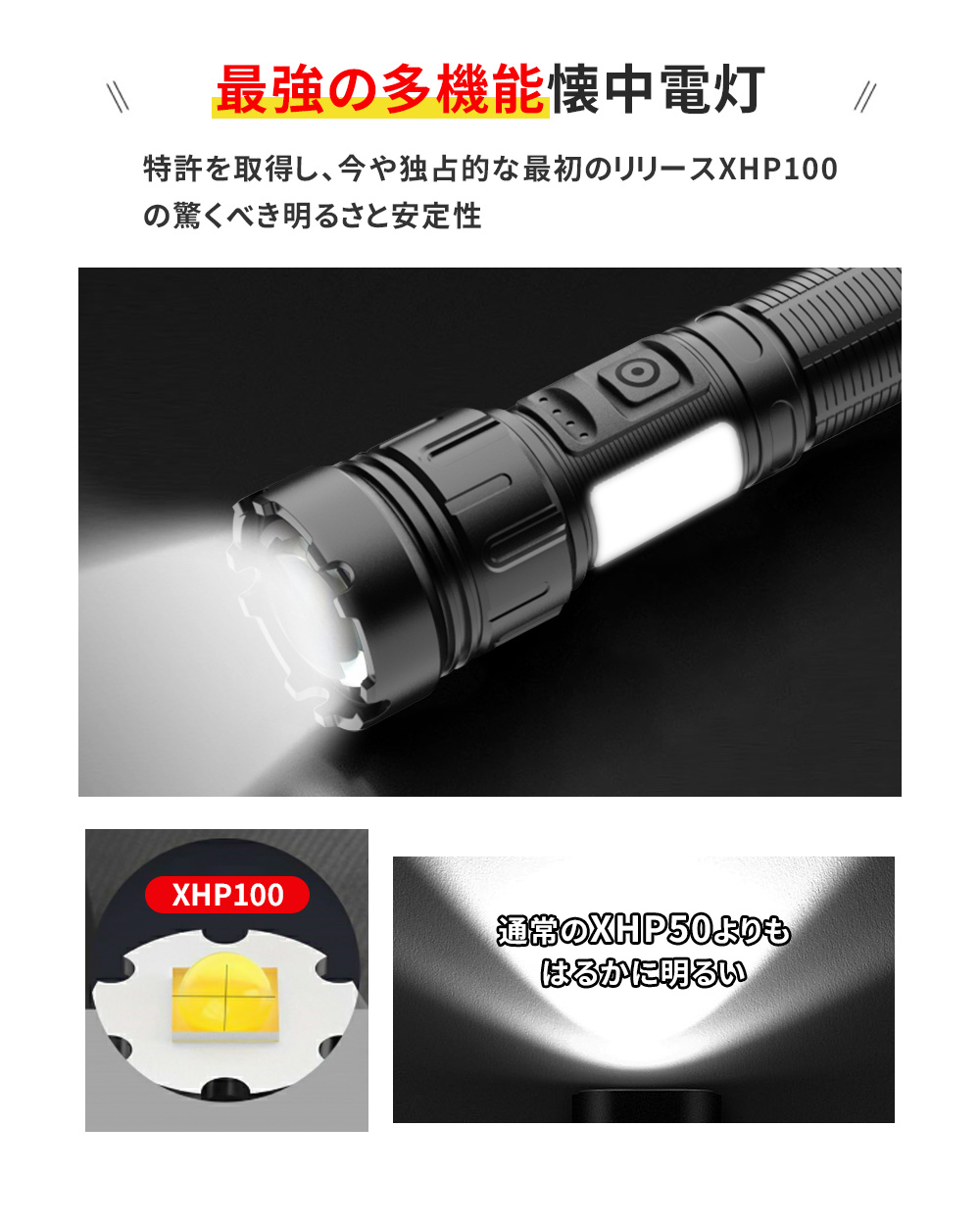 最新型 懐中電灯 防災 停電対策 最強 XHP100 高輝度 充電式 電池