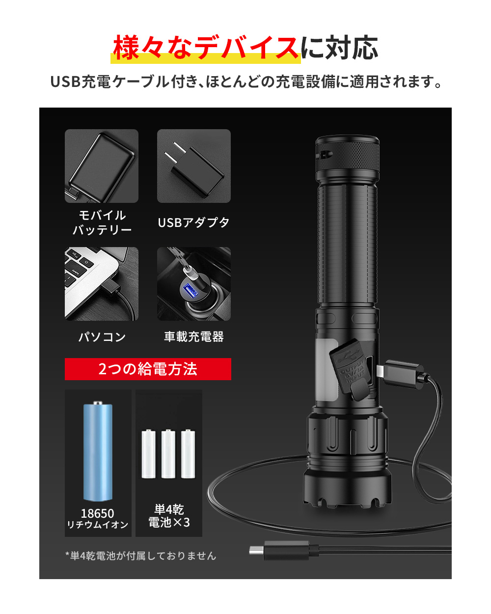 最新型 懐中電灯 防災 停電対策 最強 XHP100 高輝度 充電式 電池