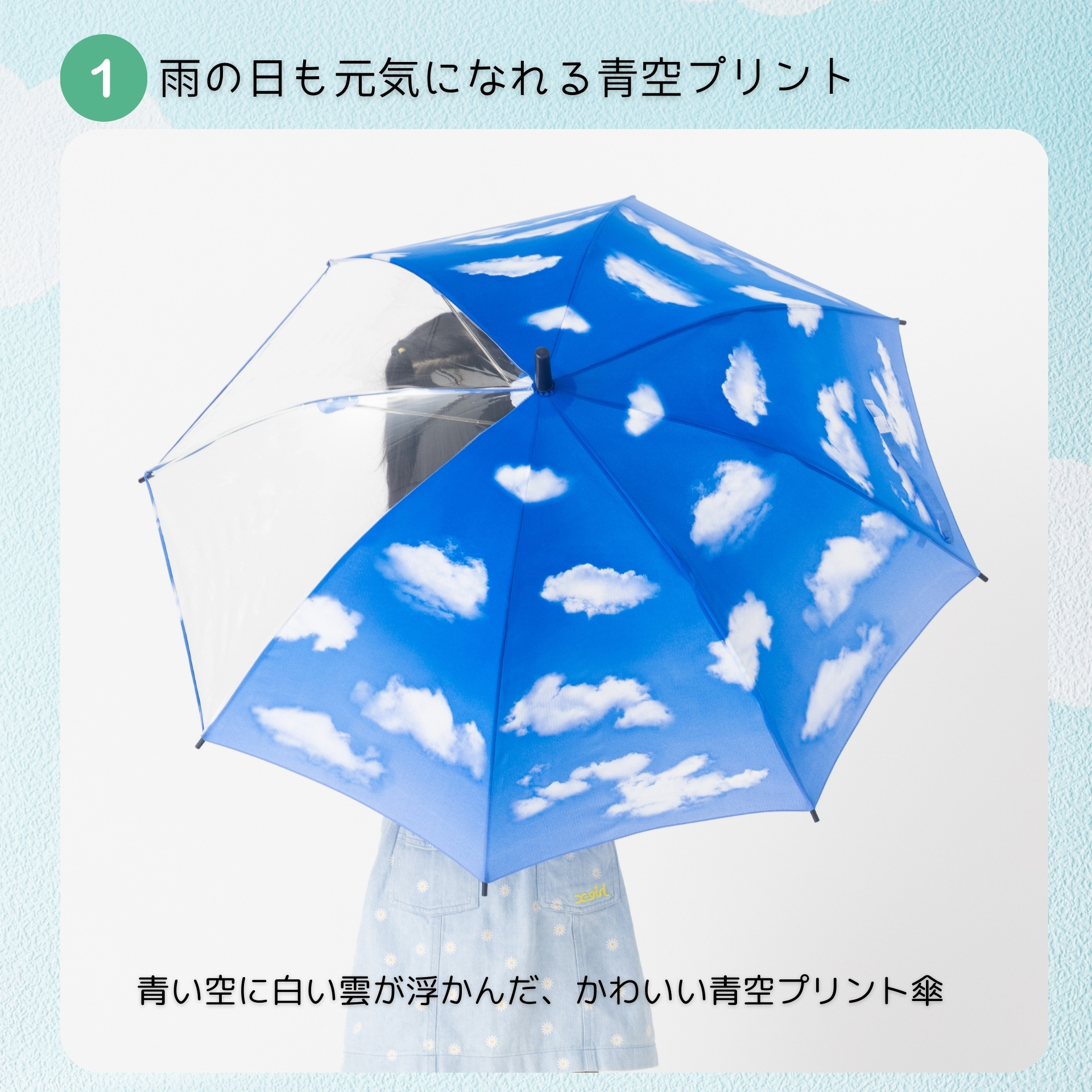 GARFIELD レイン傘 青と白 Lieben（リーベン） 傘 子供 キッズ 青空 55cm×8本骨 おしゃれ 長傘