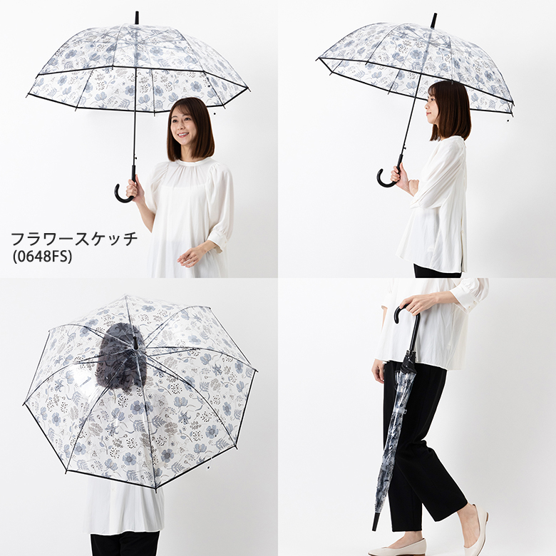 ボタニカル柄のビニール傘をさす女性モデル