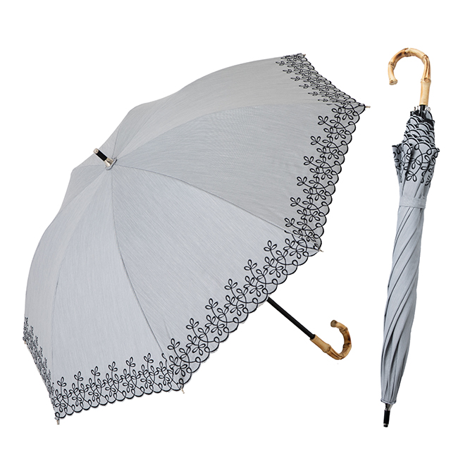 日傘 １級遮光 コンパクト長傘 リーフ刺繍 レディース 50cm×8本骨 晴雨兼用 遮熱 遮光1級 ...