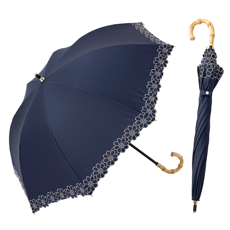 日傘 ショート傘 50cm×8本骨 ＵＶ遮熱遮光コンパクト長傘 花柄刺繍 