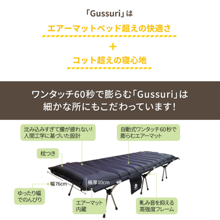 コット キャンプ エアーコットマット Gussuri 2way ワイド 超軽量 充電