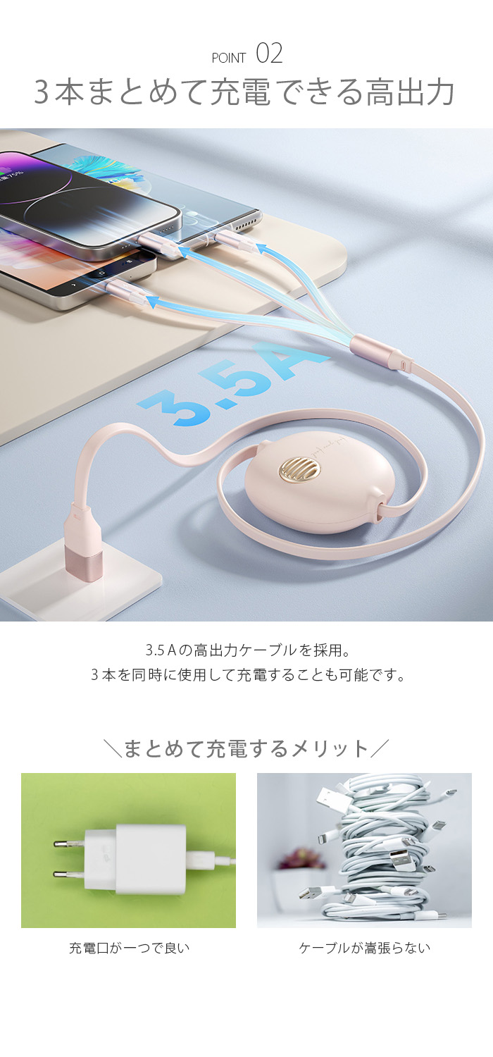 3in1充電ケーブル 4役 3A急速充電対応 伸縮リール式 iPhone Android