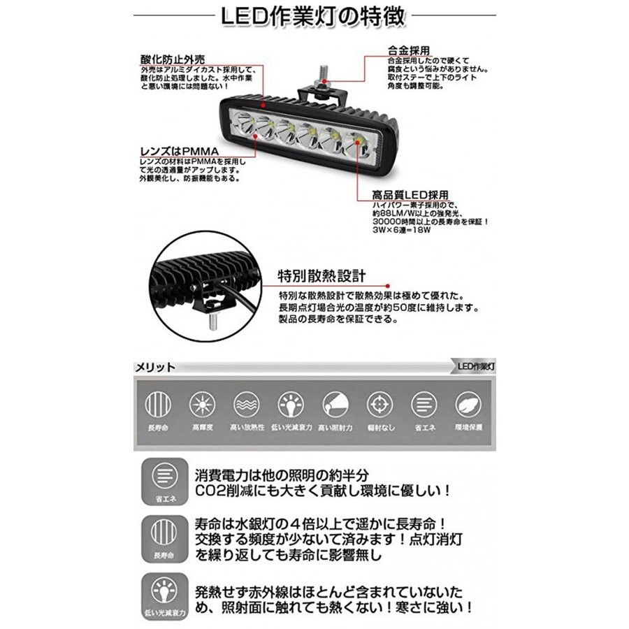 LED ワークライト 作業灯 18W 6LED 広角 狭角 6連 12V 24V 防水 防塵