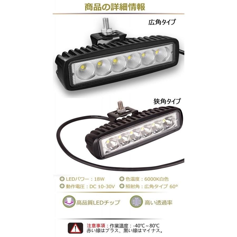 LED ワークライト 作業灯 18W 6LED 広角 狭角 6連 12V 24V 防水 防塵