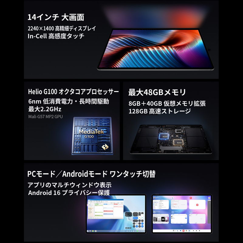 TECLAST 【T70から大幅進化】TECLAST T70Pro タブレット 14インチ 2240