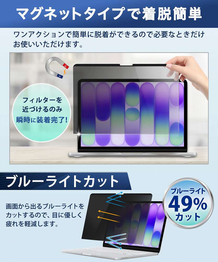 27インチ防眩光フィルター ブルーライト99%カット 強力マグネット簡単着脱 強力マグネット 27インチ 防窥・防眩光フィルター ブルーライト99
