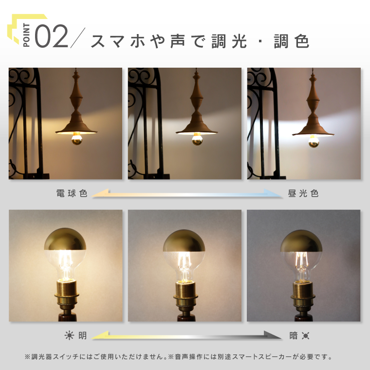 スマート電球 E17 E26 alexa エジソンバルブLEDスマート DUO ハーフミラー ゴールド 鏡面加工 調光調色 スマホ WiFi ボール球 ミニボール型 エジソンスマート | EdisonBulb | 08