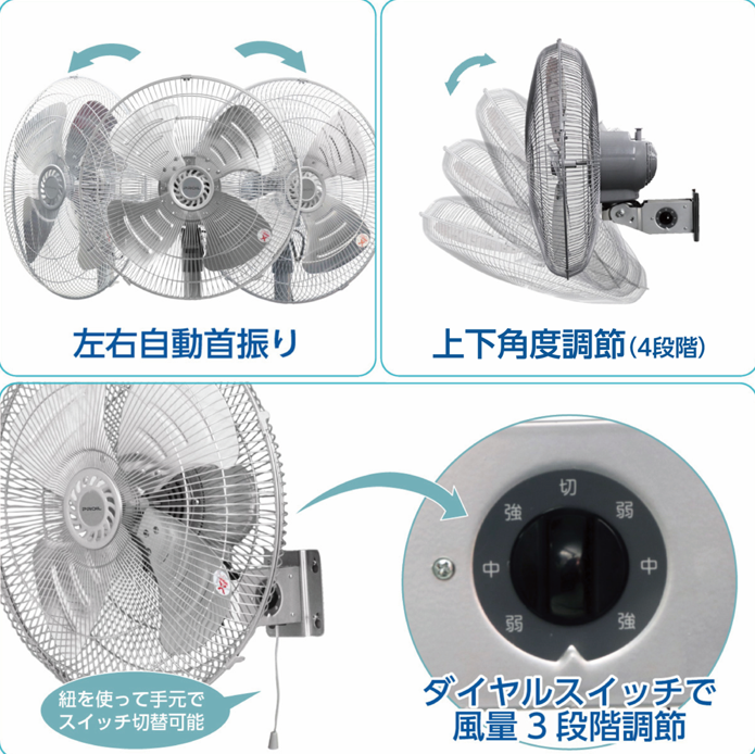 業務用扇風機 45cm 壁掛け型 アルミ羽根 風量3段階 左右自動首振り