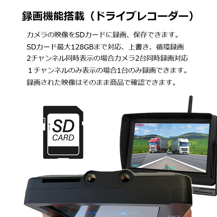 デジタルワイヤレスバックカメラセット 2分割 録画機能搭載 720P高