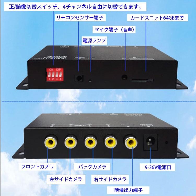 車載DVRレコーダー 720P録画 4分割 CVBS AHD自動認識 正像 鏡像設定可