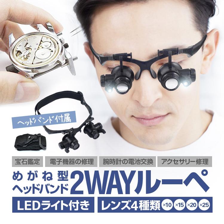 LEDライト付き メガネ型ルーペ ヘッドルーペ 左右独立角度調整 レンズ4 