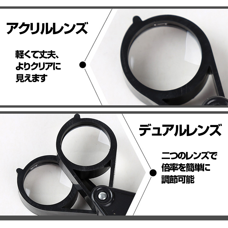 デュアルレンズ ポータブルルーペ ポケット拡大鏡 虫眼鏡 折り畳み収納