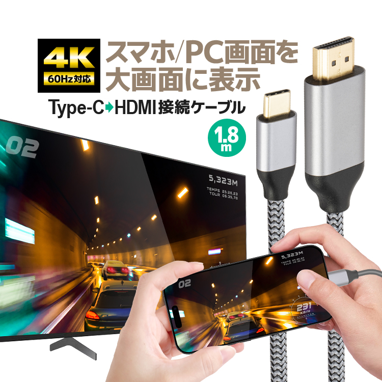 Type-C→HDMI 変換ケーブル 1.8m 変換HDMIケーブル タイプC 4K 60Hz
