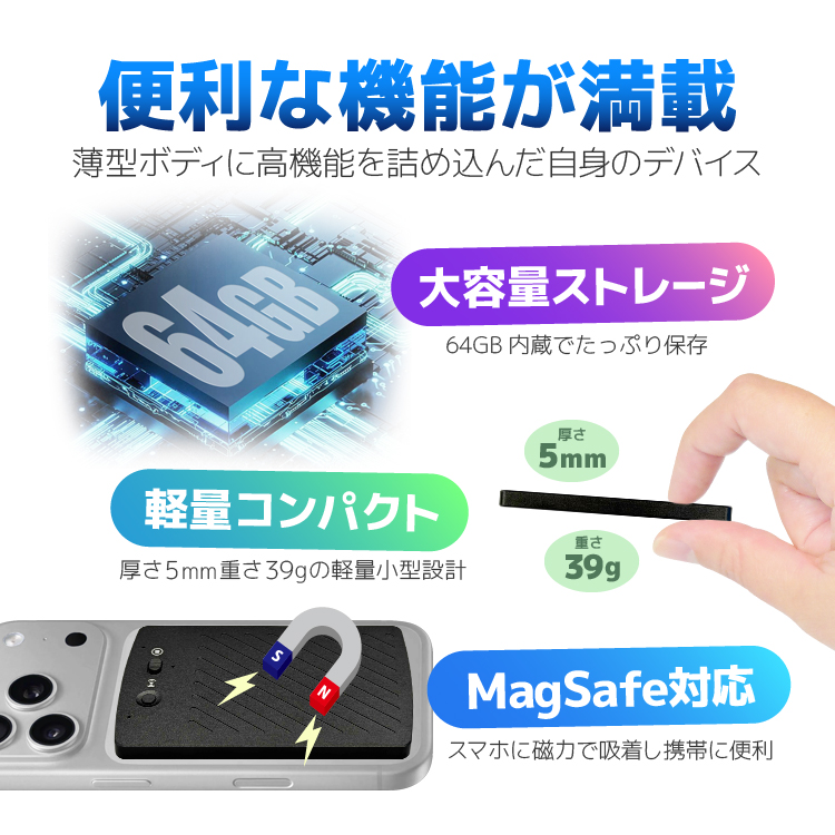 高性能AIボイスレコーダー 64GB内蔵 リアルタイム翻訳 iPhone通話録音