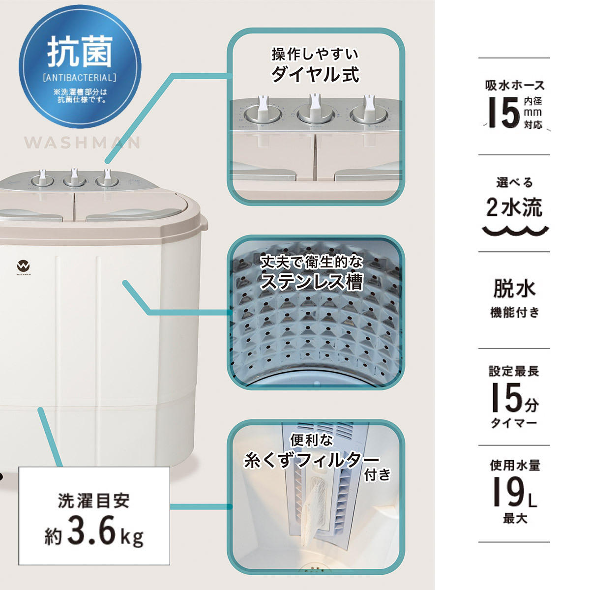 ミニランドリー 小型洗濯機 ウォッシュマン TOM-05w 抗菌 脱水 ミニ