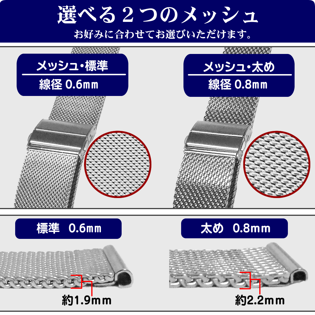 腕時計ベルト Dバックル メッシュ ステンレス 三つ折り プッシュ式