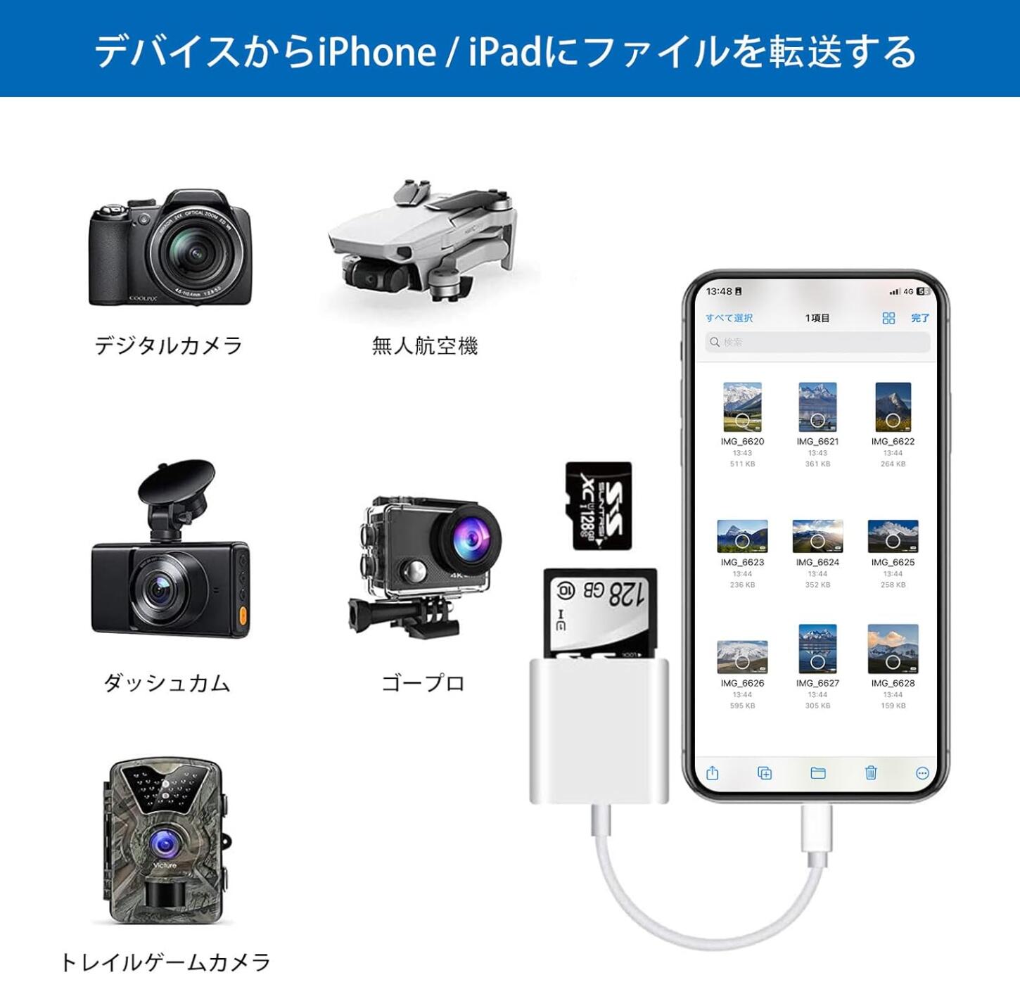 iPhone  iPad用 SD カードリーダーiPhone iPad  lightning  microSDカード データ 高速転送 バックアップ アプリ不要 写真 音楽 Officeファイル 移動｜light-pc｜03