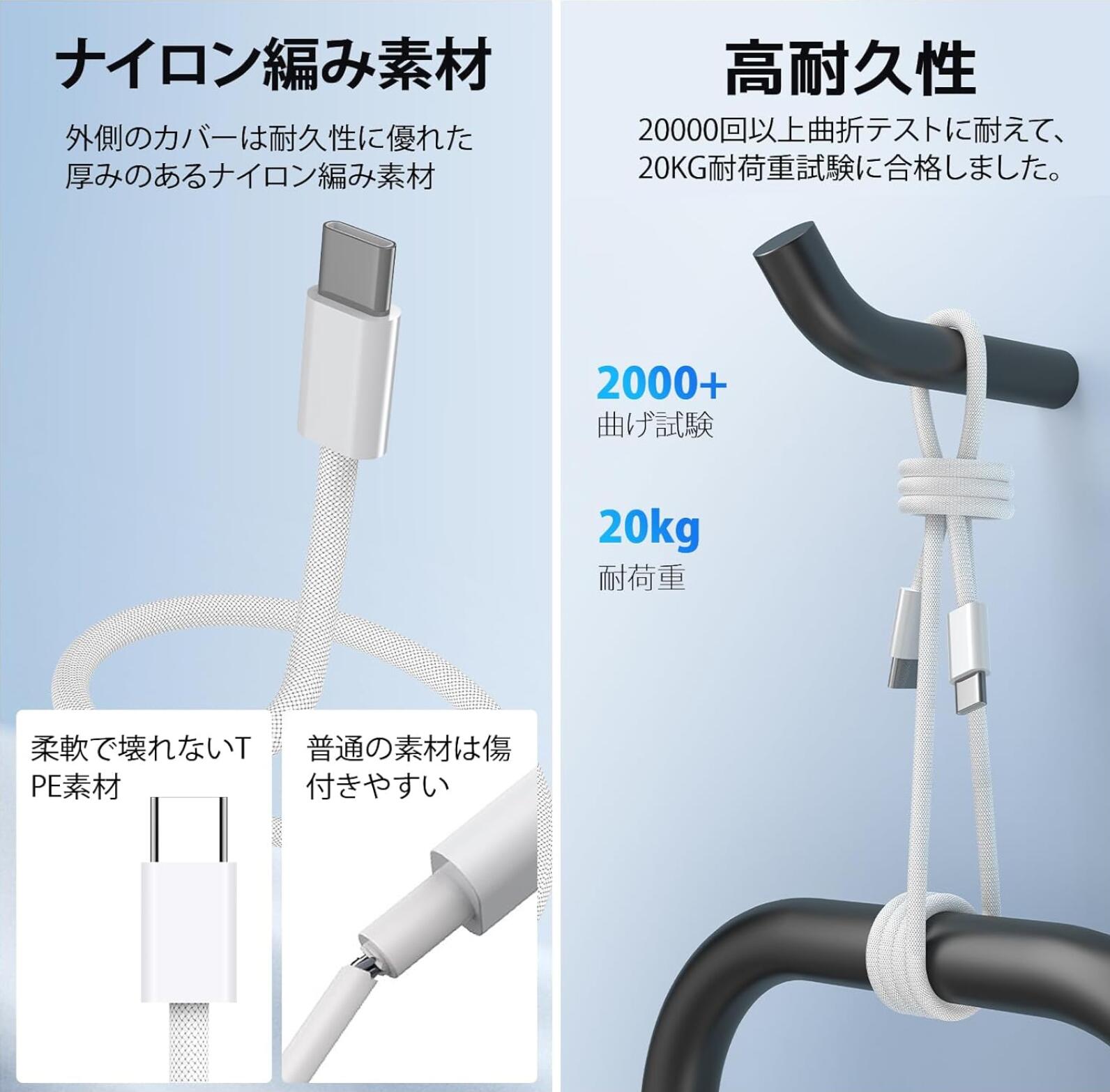 USB充電ケーブル Type-C  タイプC 1m+1m 1m+2m スマホ充電 最大60W Android スマホ充電ケーブル USB PD iPhone 15 以降USB-Cモデル 対応 急速充電 |  | 03