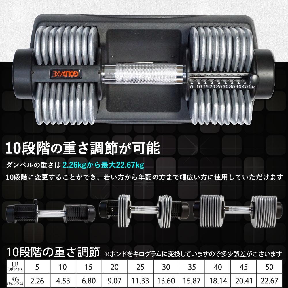 ダンベル 可変式 2個セット 2.26kg〜22.67kg 調節式 2kg 5kg