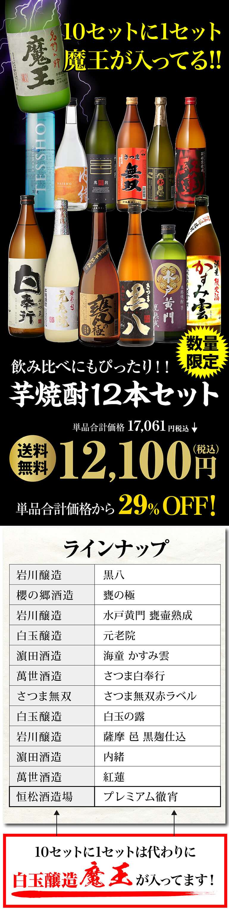 恒松酒造本店 送料無料 10セットに1個魔王が当たる 芋焼酎12本 飲み